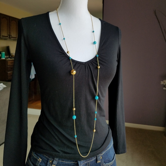 AUTHENTIC Oxette Gold & Turquoise Long Convertible Necklace from Greece NEW - Picture 2 of 9